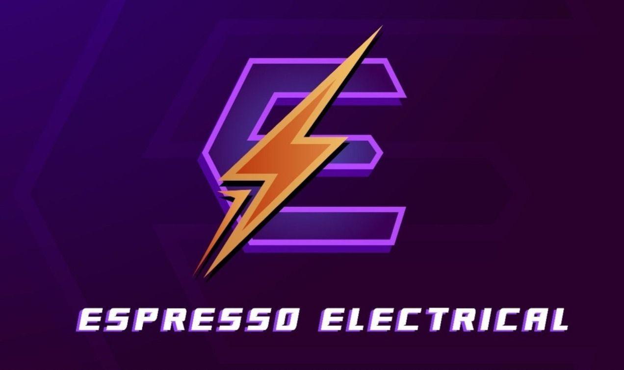 Logo with a stylized letter E and lightning bolt, text reads Espresso Electrical on purple background.